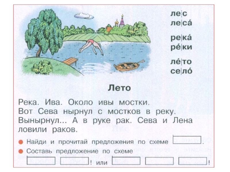 Реки предложение. Около леса река схема предложения. Река Ива около ивы мостки вот Сева нырнул. Азбука 1 класс лето река Ива около ивы мостки. Около ивы мостки схема предложения.