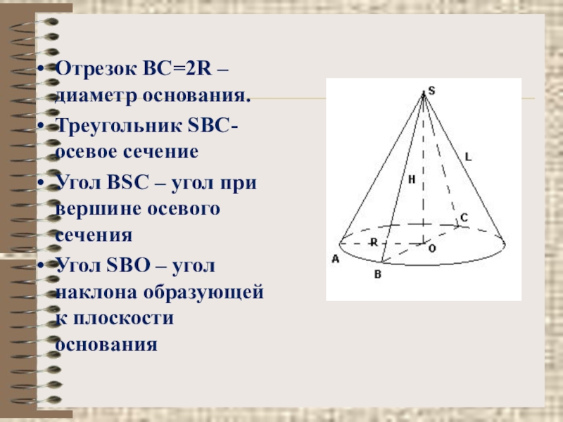 Угол при вершине осевого сечения. Диаметр основания. Угол наклона образующей к плоскости основания. Треугольник с основанием диаметр.