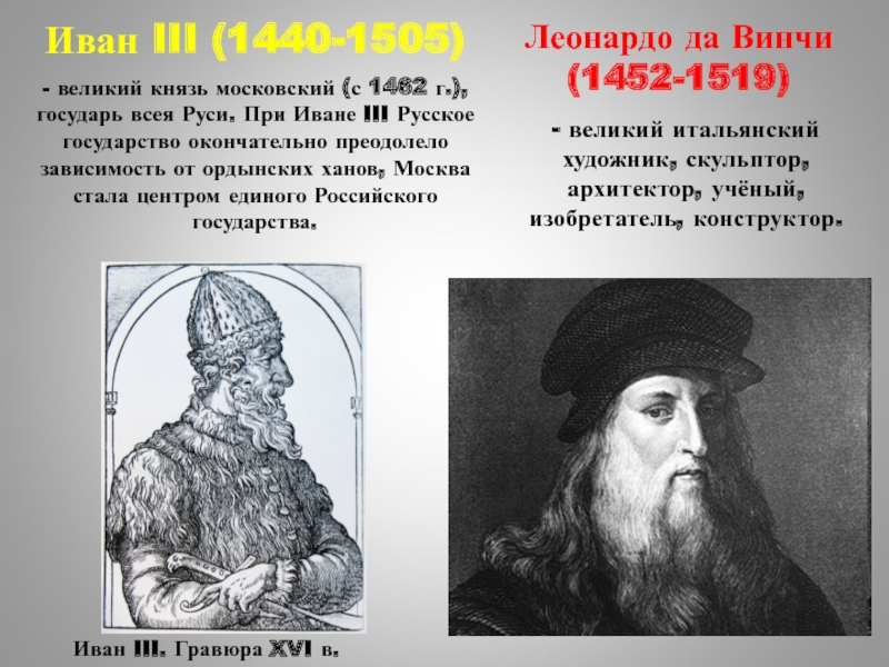 Иван III. Гравюра XVI в.- великий итальянский художник, скульптор, архитектор, учёный, изобретатель, конструктор.Иван III (1440-1505) - великий