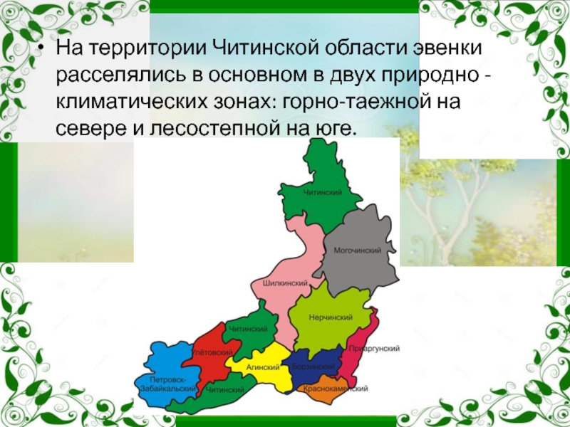 На территории Читинской области эвенки расселялись в основном в двух природно - климатических зонах: горно-таежной на севере