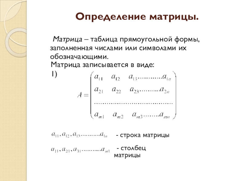 Определение матрицы. Матрица строка. Матрица столбец. Матрица таблица.