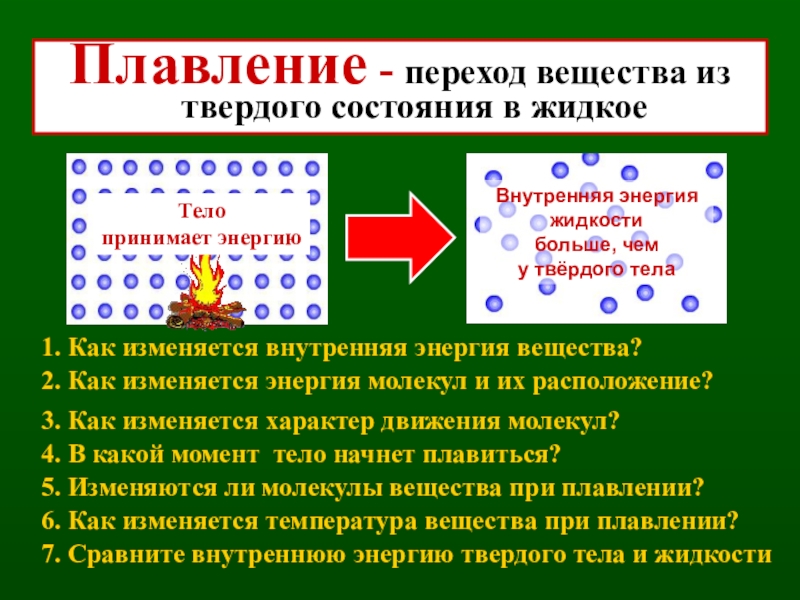 При плавлении тело. Плавление вещества. Переход из твердого состояния в жидкое. Переход вещества из твердого в жидкое. Внутренняя энергия вещества при плавлении.