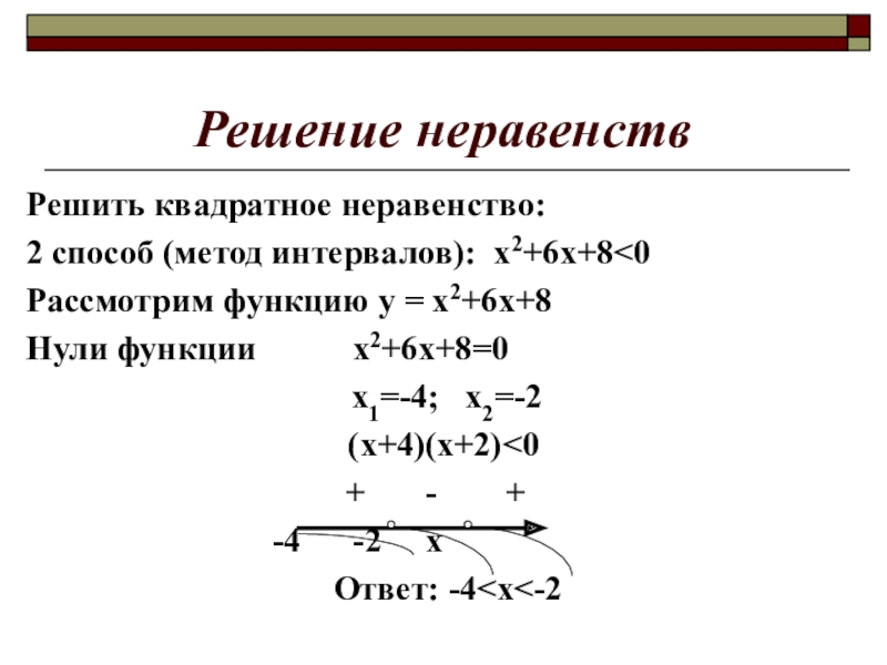 Неравенство алгебра 9. Решение неполных квадратных неравенств методом интервалов. Метод интервалов квадратное уравнение. Решение квадратных неравенств методом интервалов. Алгоритм решения квадратных неравенств методом интервалов.