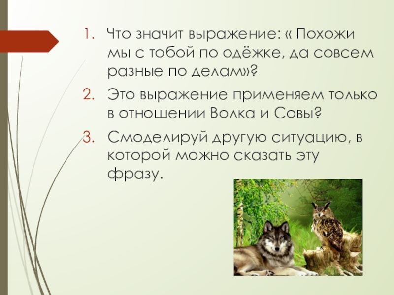 Что значит выражение дать добро. Презентация на тему волк. Волк и Сова рассказ. А похожая на и что значит. Сладков рассказы волк и Сова.