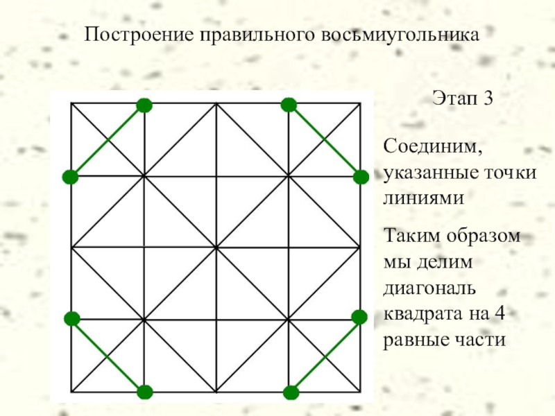 Этап 3Соединим, указанные точки линиямиТаким образом мы делим диагональ квадрата на 4 равные частиПостроение правильного восьмиугольника
