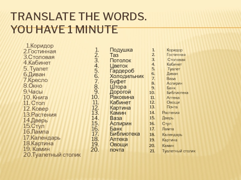 Translate the words.  You have 1 minute 	1.Коридор  2.Гостинная  3.Столовая  4.Кабинет