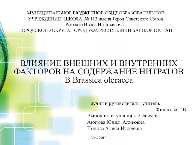 Презентация НАУЧНО-ПРАКТИЧЕСКАЯ РАБОТА ВЛИЯНИЕ ВНЕШНИХ И ВНУТРЕННИХ ФАКТОРОВ НА СОДЕРЖАНИЕ НИТРАТОВ В Brassica oleracea