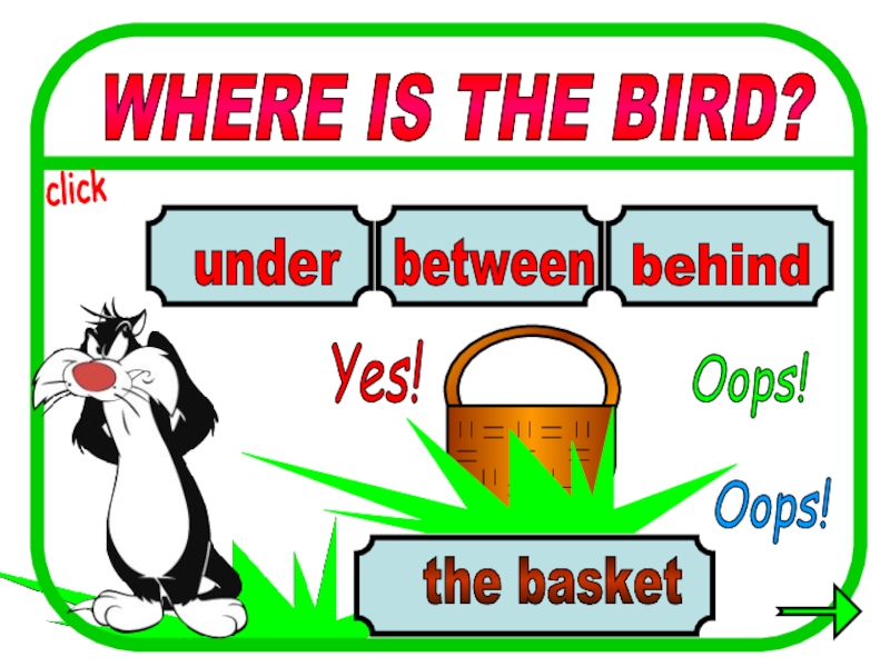 WHERE IS THE BIRD? between behind under the basket Oops! Yes! Oops! click