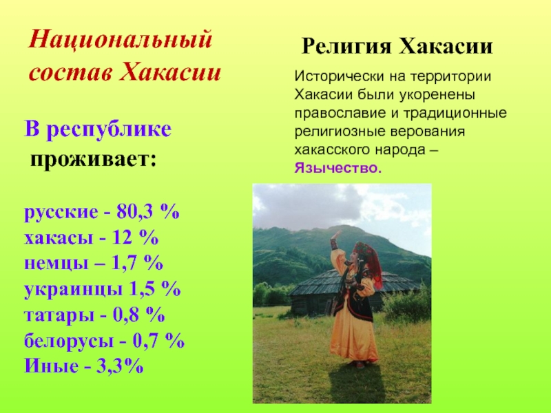 В республике проживает: русские - 80,3 %  хакасы - 12 % немцы – 1,7 % украинцы