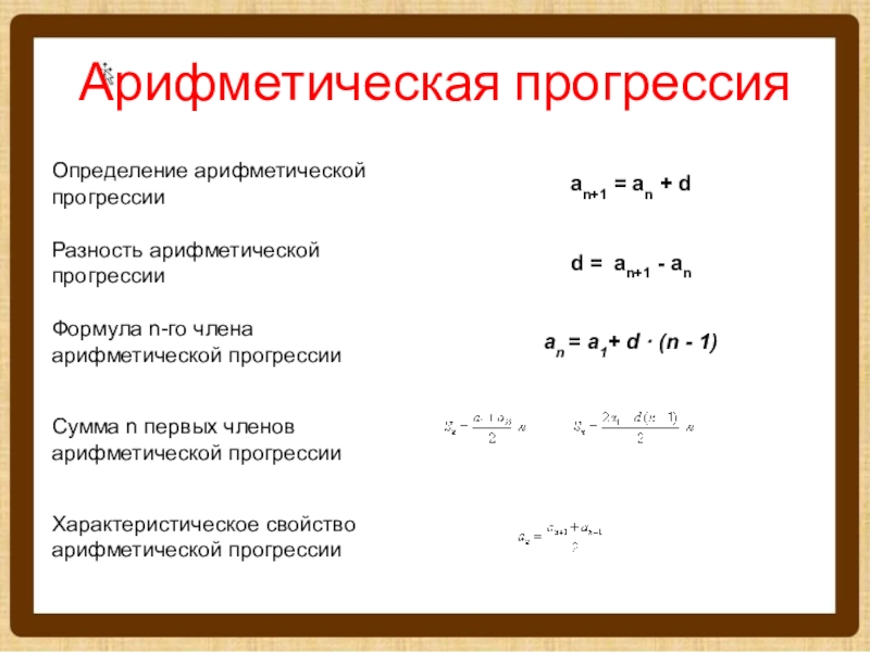 Конспект урока арифметическая. Арифметическая прогрессия. Возрастающая арифметическая прогрессия. Сумма убывающей арифметической прогрессии. Длина арифметической прогрессии.