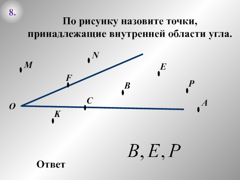 8.ОВАПо рисунку назовите точки, принадлежащие внутренней области угла.Ответ EFCNKРМ