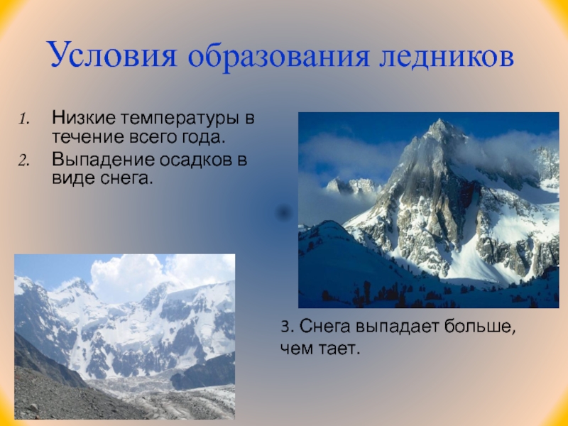 Образовались условия. Условия образования ледников. Условия образования и виды снега. Сколько осадков выпадает в горной Саланге.