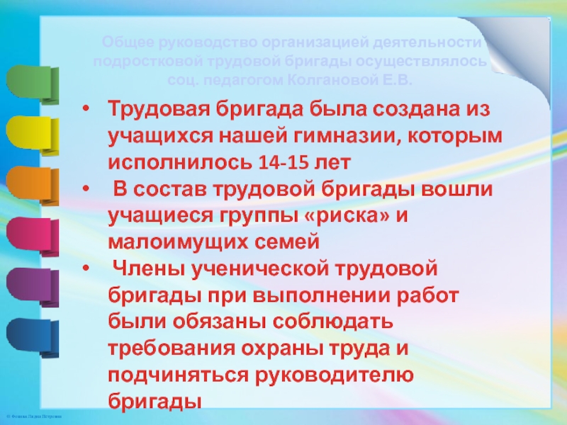 План работы трудовой бригады школьников