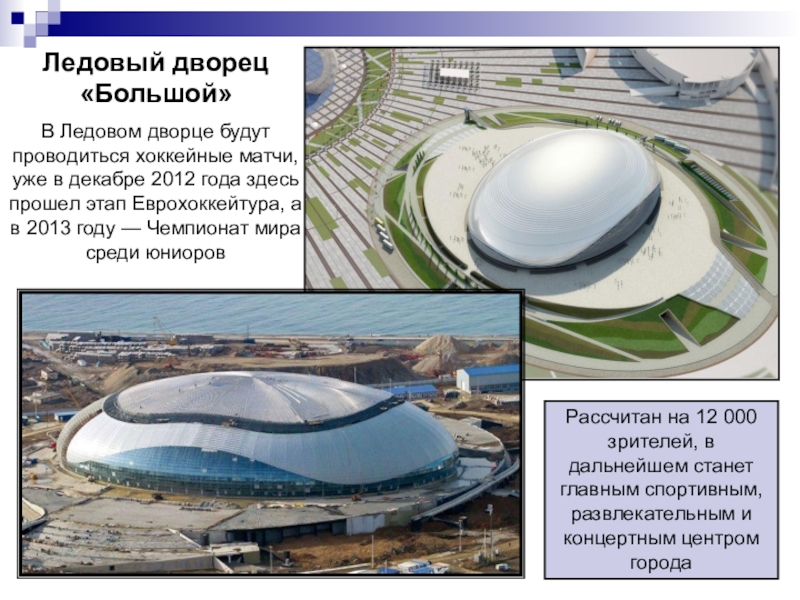 Ледовый дворец «Большой» В Ледовом дворце будут проводиться хоккейные матчи, уже в декабре 2012 года здесь прошел