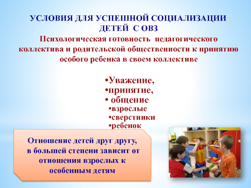 Создание условий с детьми с овз. Условия социализации дошкольников. Задачи социализации детей с ОВЗ. Условия социализации детей с ОВЗ. Создание условий для успешной социализации детей с ОВЗ.