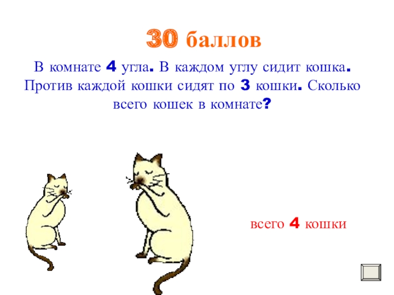 Кошка ответы. Задачки про кошек. В комнате 4 угла .в каждом углу кошка.... В комнате 4 угла в каждом углу сидит кошка. В комнате 4 угла в каждом углу сидит кошка задача.