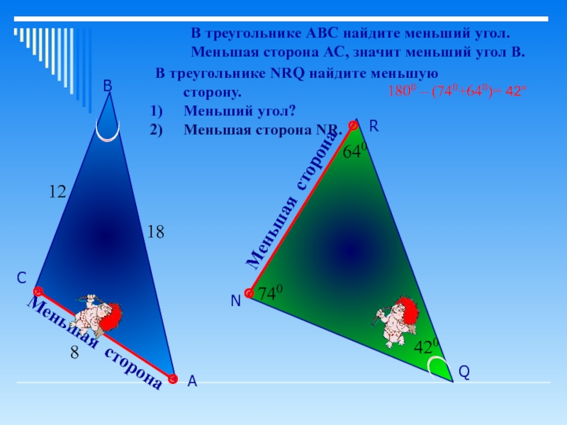 Меньшая сторона. Меньшая сторона треугольника. Меньший угол треугольника. Меньшие стороны треугольника. В треугольнике АВС найдем меньший угол.