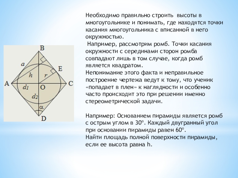 Необходимо правильно строить высоты в многоугольнике и понимать, где находятся точки касания многоугольника с вписанной в него