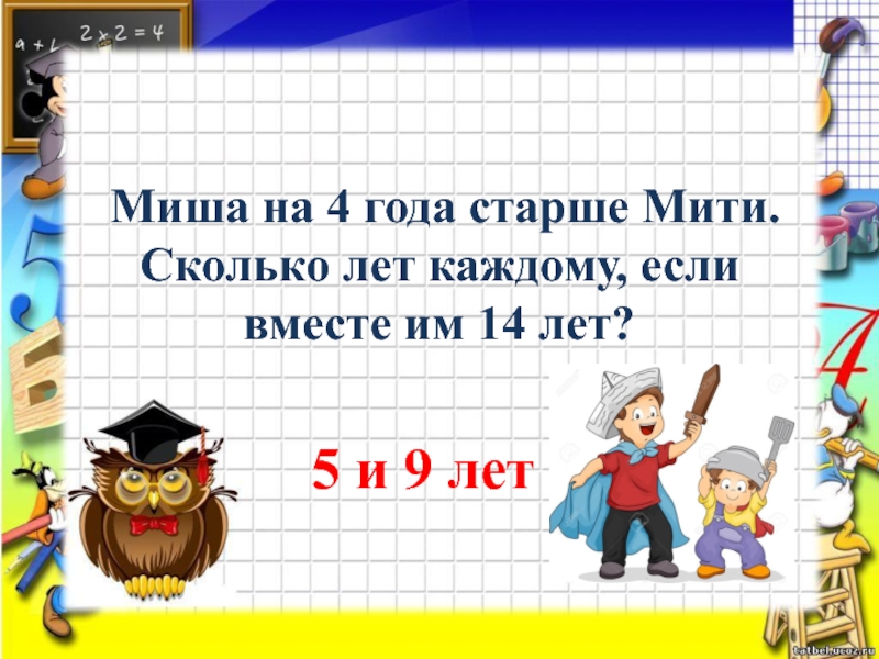 Сколько лет старше. Миша старше мити на 4 года сколько лет каждому если вместе им 14. Миша на три года старше Кати. Вместе им 11 лет. Сколько лет Кате? *. Трём братьям вместе 60 лет. Сколько лет каждому если. Кате 6 лет Миша на 8 лет старше сколько лет Мише с чертежом.