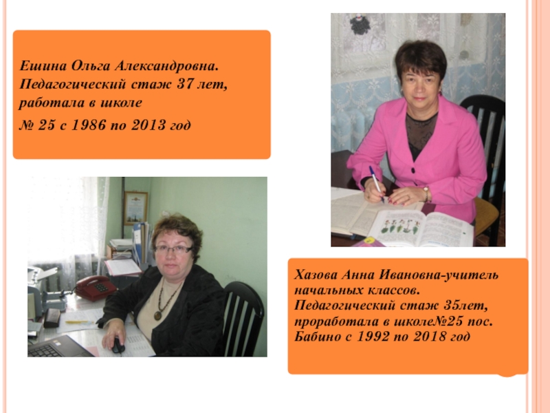 Ешина Ольга Александровна. Педагогический стаж 37 лет, работала в школе № 25 с 1986 по 2013 годХазова