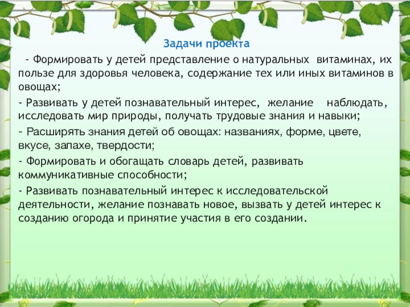 Задачи проекта  - Формировать у детей представление о натуральных  витаминах, их пользе для здоровья человека, содержание тех