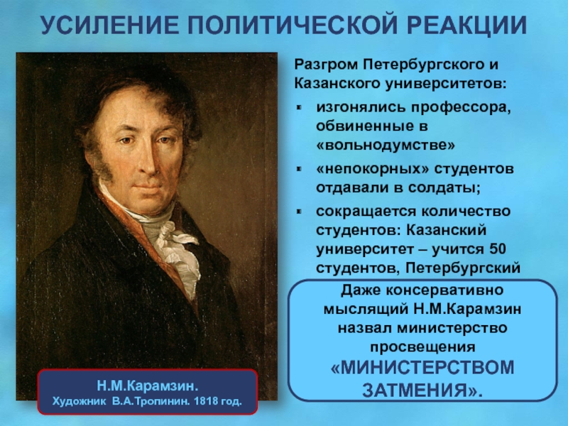 Реакционная политика. Усиление реакционной политики. Политическая реакция. Усиление политической реакции. Разгром Казанского университета 1819.