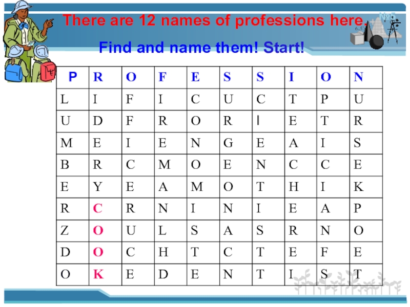 There are 12 names of professions here. Find and name them! Start!  №5