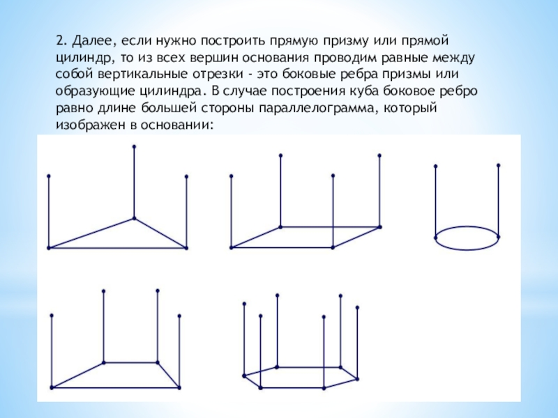 2. Далее, если нужно построить прямую призму или прямой цилиндр, то из всех вершин основания проводим равные