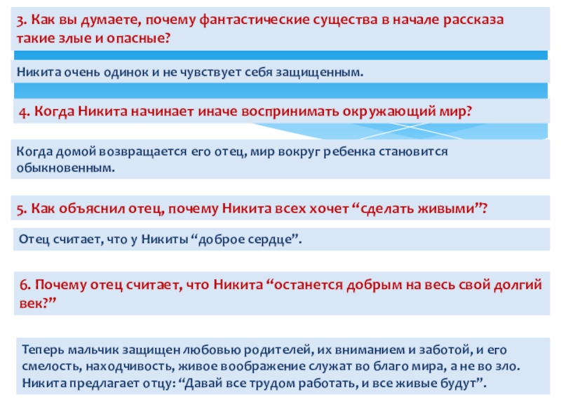 3. Как вы думаете, почему фантастические существа в начале рассказа такие злые и опасные?Никита очень одинок и