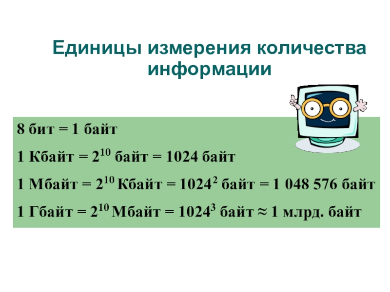 Единицы измерения количества информации8 бит = 1 байт1 Кбайт = 210 байт = 1024 байт1 Мбайт =