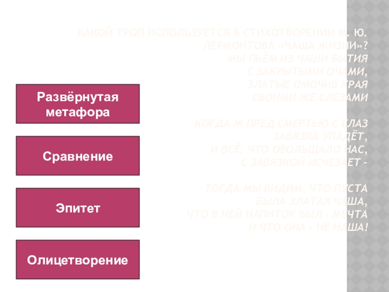 Какой троп используется в стихотворении М. Ю. Лермонтова «Чаша жизни»? Мы пьём из чаши бытия С закрытыми