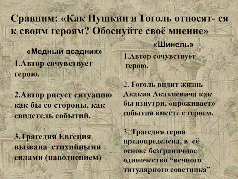 Характеристика героев пушкина. Сравнение Пушкина и Гоголя. Сходство Пушкина с Гоголем. Сравнение Петербурга Пушкина и Гоголя. Пушкин и Гоголь сравнительная таблица.