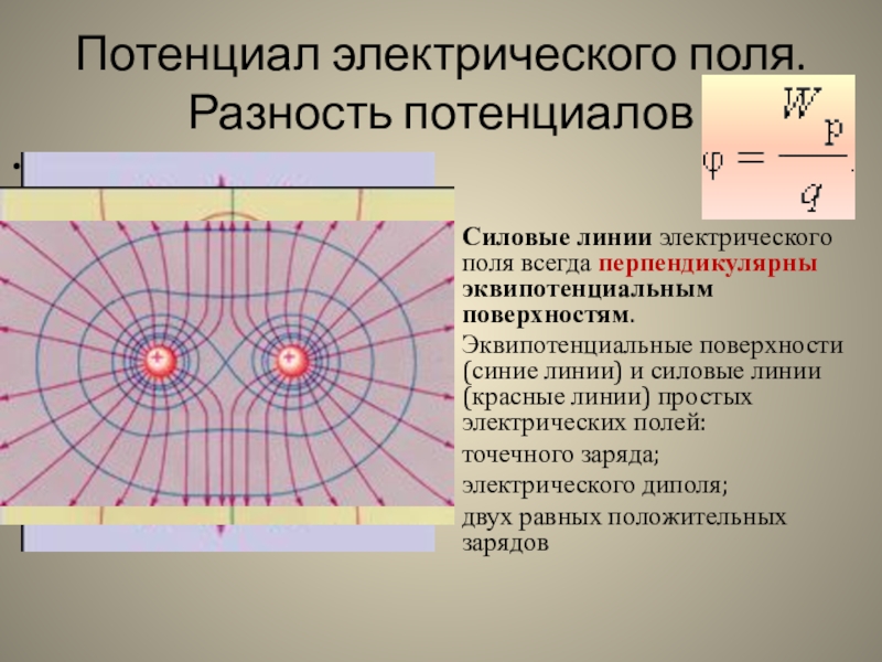 На рисунке 78 показаны силовые линии электростатического поля и две эквипотенциальные поверхности