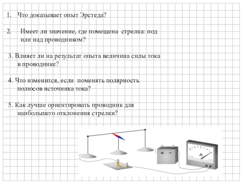 Линейный проводник расположили над магнитной стрелкой и собрали электрическую схему