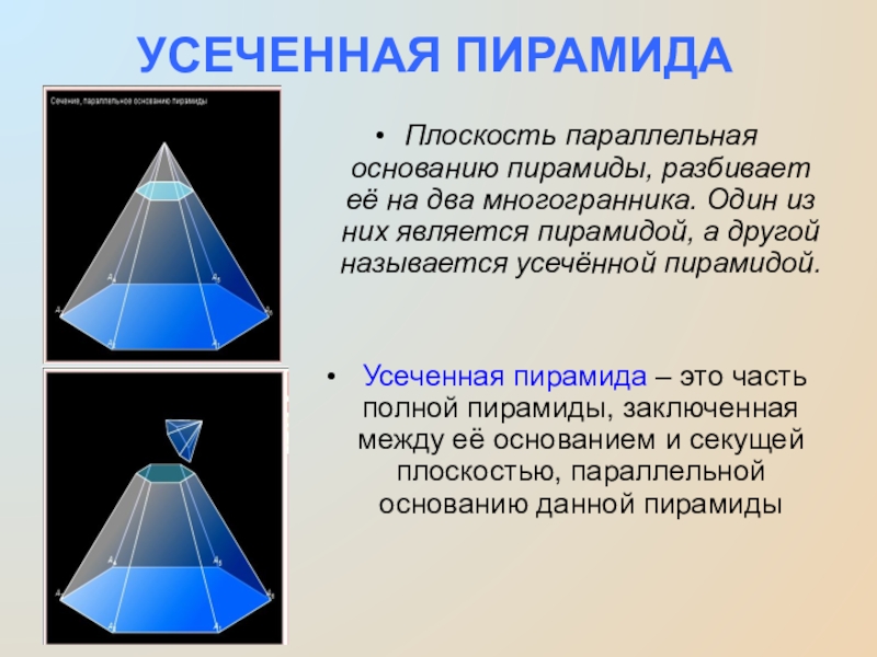 УСЕЧЕННАЯ ПИРАМИДАПлоскость параллельная основанию пирамиды, разбивает её на два многогранника. Один из них является пирамидой, а другой