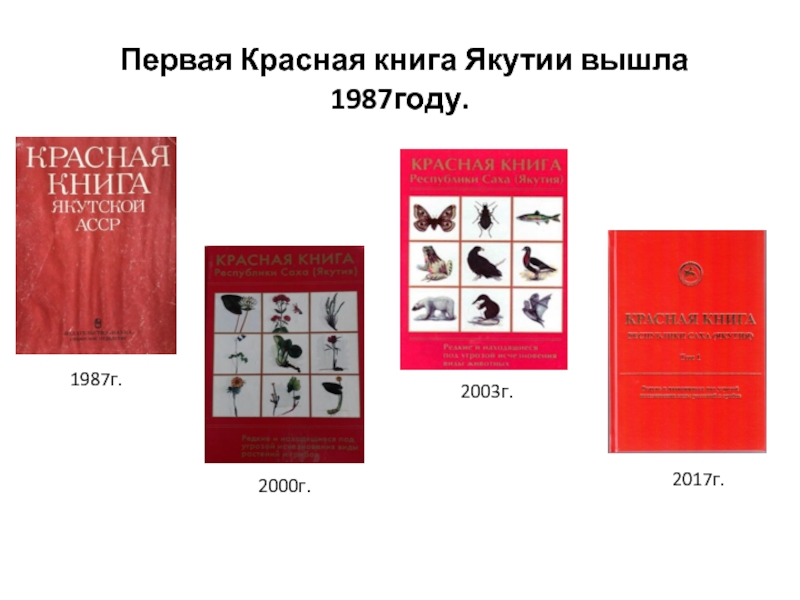 Первая Красная книга Якутии вышла 1987году. 1987г.2000г.2003г.2017г.