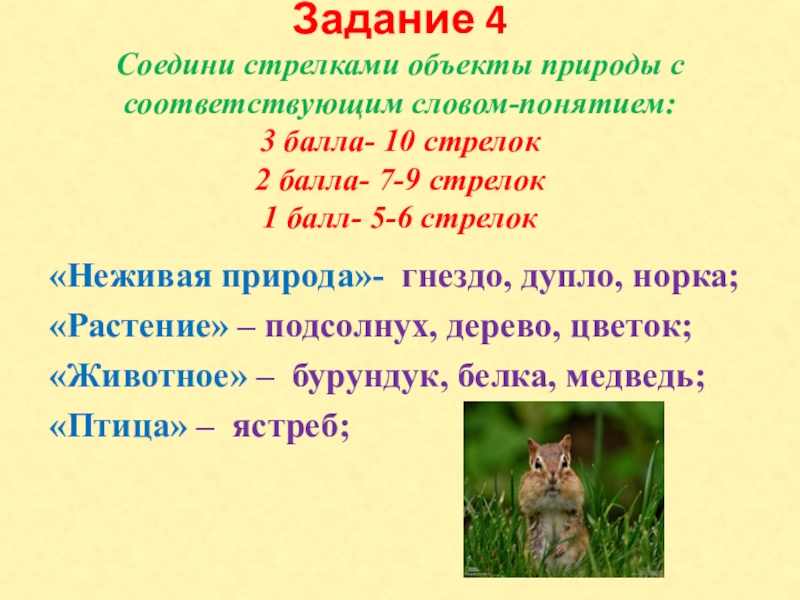 Задание 4 Соедини стрелками объекты природы с соответствующим словом-понятием: 3 балла- 10 стрелок 2 балла- 7-9 стрелок