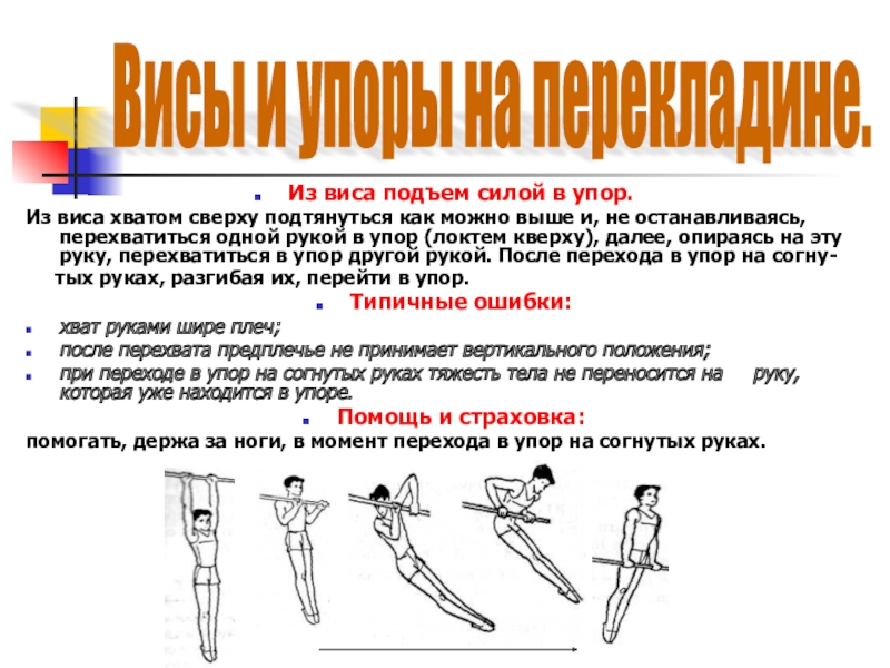 Подъем силой. Из виса подъем силой в упор. Упор на руках. Повороты: из упора сзади в упор. Поднимание из виса.