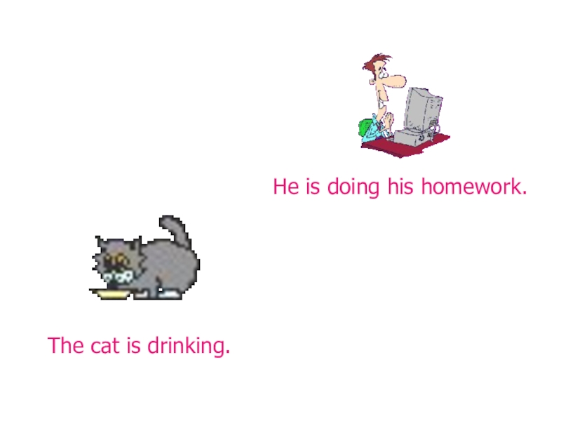 He is doing his homework.The cat is drinking.