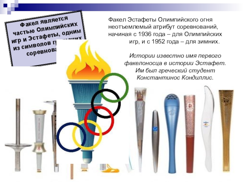 Факел является частью Олимпийских игр и Эстафеты, одним из символов грядущих соревнований.  Факел Эстафеты Олимпийского огня неотъемлемый