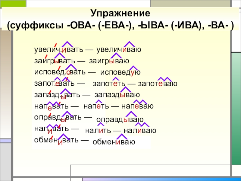 Упражнение (суффиксы -ОВА- (-ЕВА-), -ЫВА- (-ИВА), -ВА- )увелич. .вать — заигр..вать —исповед..вать —запот..вать —запазд..вать —нап..вать —оправд..вать