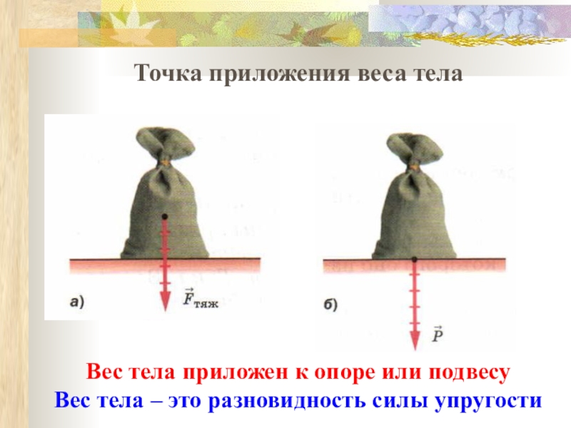 Направление массы. Вес тела точка приложения и направления. Вес тела направление силы и точка приложения. Точка приложения силы веса. Точки приложения силы тяжести и веса тела.