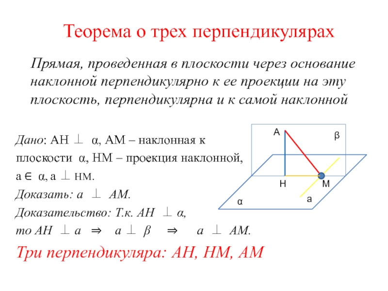 Теорема о трех перпендикулярах  Прямая, проведенная в плоскости через основание наклонной перпендикулярно к ее проекции на
