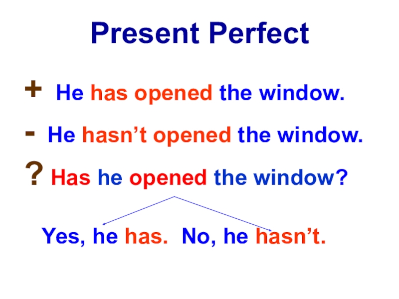 Present Perfect+ He has opened the window.- He hasn’t opened the window.? Has he opened the window?