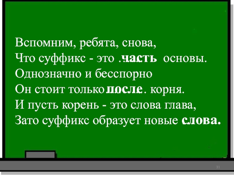 Вспомним, ребята, снова,Что суффикс - это …… основы.Однозначно и бесспорноОн стоит только………. корня.И пусть корень