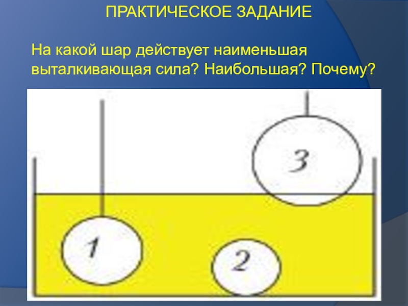 Какие силы действуют на шарик. Выталкивающая сила действующая на шар. Наименьшая Выталкивающая сила действующая на шарик. На какой шарик действует большая Выталкивающая сила. Чем больше плотность тем больше Выталкивающая сила.