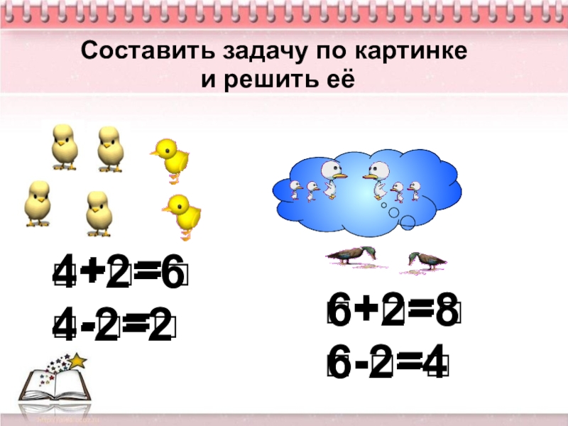 Составить задачу по картинке и решить её□+□=□□-□=□□+□=□□-□=□4+2=64-2=26+2=86-2=4