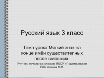 Презентация по русскому языку 3 класс на тему :Мягкий знак на конце имён существительных после шипящих