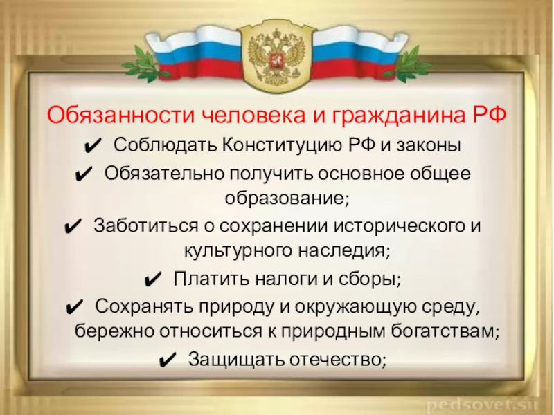 Глава 2 Конституции РФ обязанности граждан РФ. Получить основное общее образование конституция