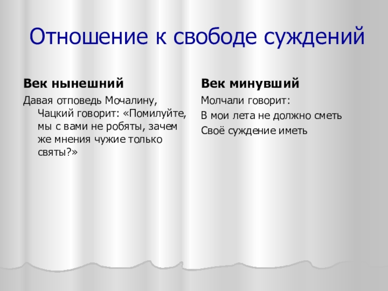 Отношение к свободе сужденийВек нынешнийДавая отповедь Мочалину, Чацкий говорит: «Помилуйте, мы с вами не робяты, зачем же